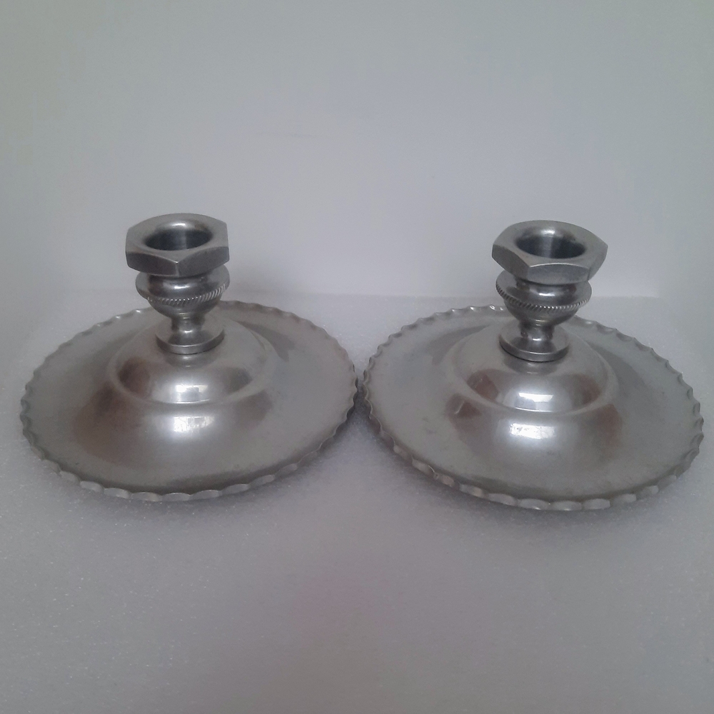 Pair Of Hammered Aluminum Candleholders